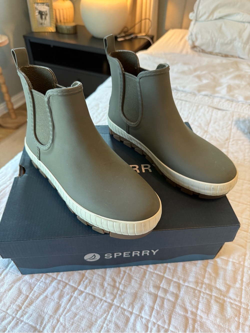 Sperry Olive Chelsea Rain Boots with Cream Trim